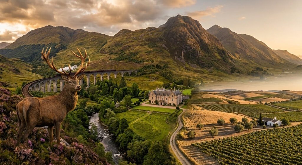 Uma paisagem surreal e composta de "hora dourada" fundindo as Highlands escocesas com um cervo e um trem a vapor com vinhedos mediterrâneos ondulados.