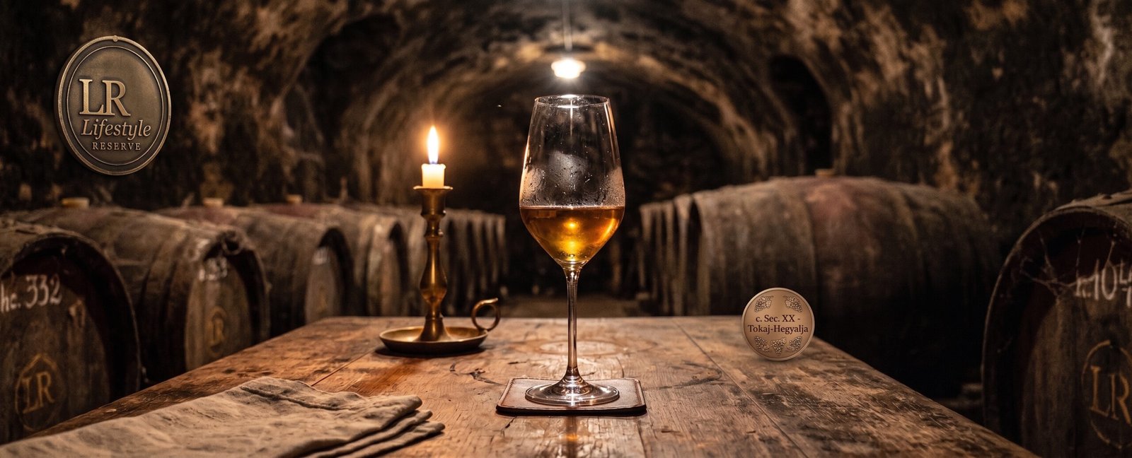 Taça de Tokaji Aszú dourado sobre mesa de madeira dentro de adega histórica subterrânea com paredes cobertas de fungo