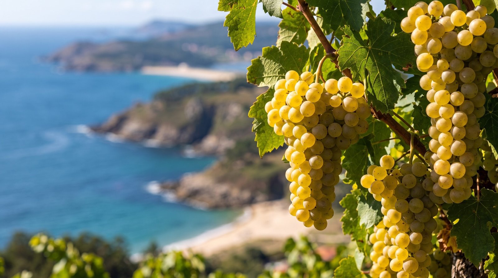 Close-up de cachos de uva branca Albariño com a costa atlântica da Galícia desfocada ao fundo