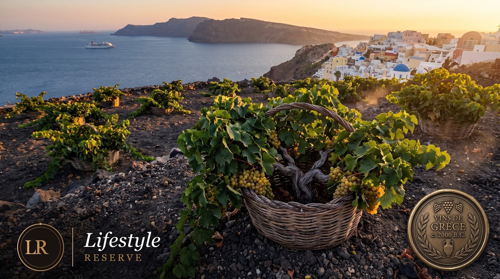 Videiras em cesto no solo vulcânico de Santorini representando a tradição dos vinhos da Grécia no Lifestyle Reserve.