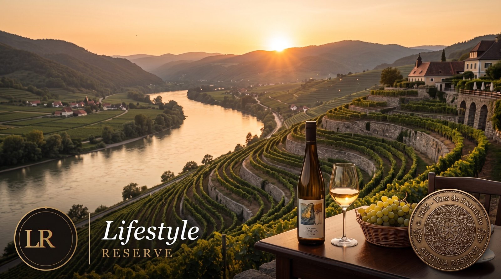 Vinhedos em terraços ao longo do Rio Danúbio, no Vale de Wachau, Áustria, ao entardecer representando os vinhos da Áustria