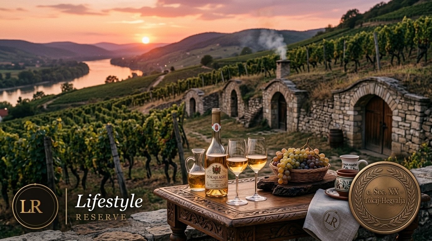 Vinhedos vulcânicos antigos na região de Tokaj, Hungria, ao entardecer, com adegas históricas escavadas na encosta representando os vinhos da Hungria