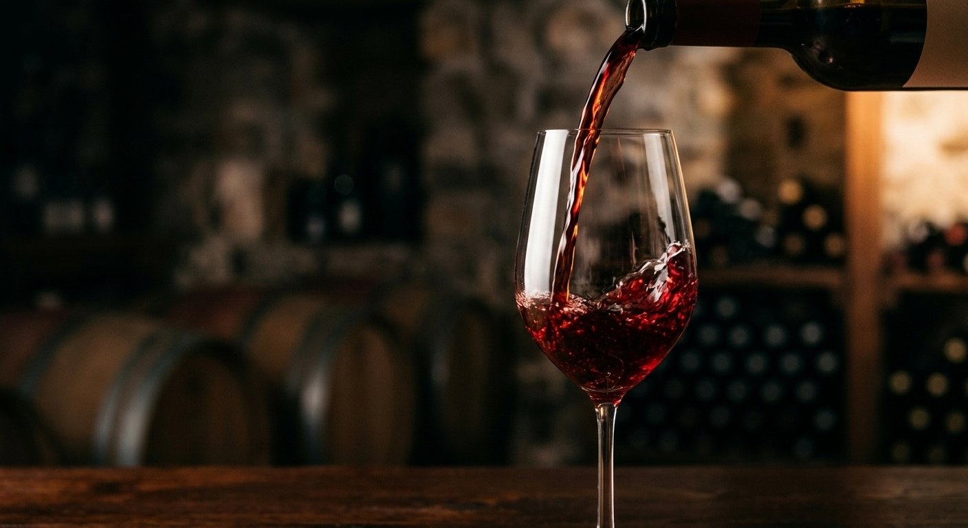 Taça de vinho tinto sendo apreciada em vinhedo