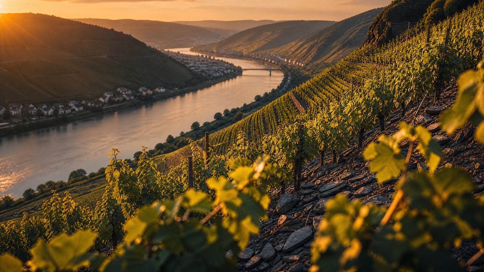 Encostas íngremes de vinhedos às margens do rio Mosel na Alemanha
