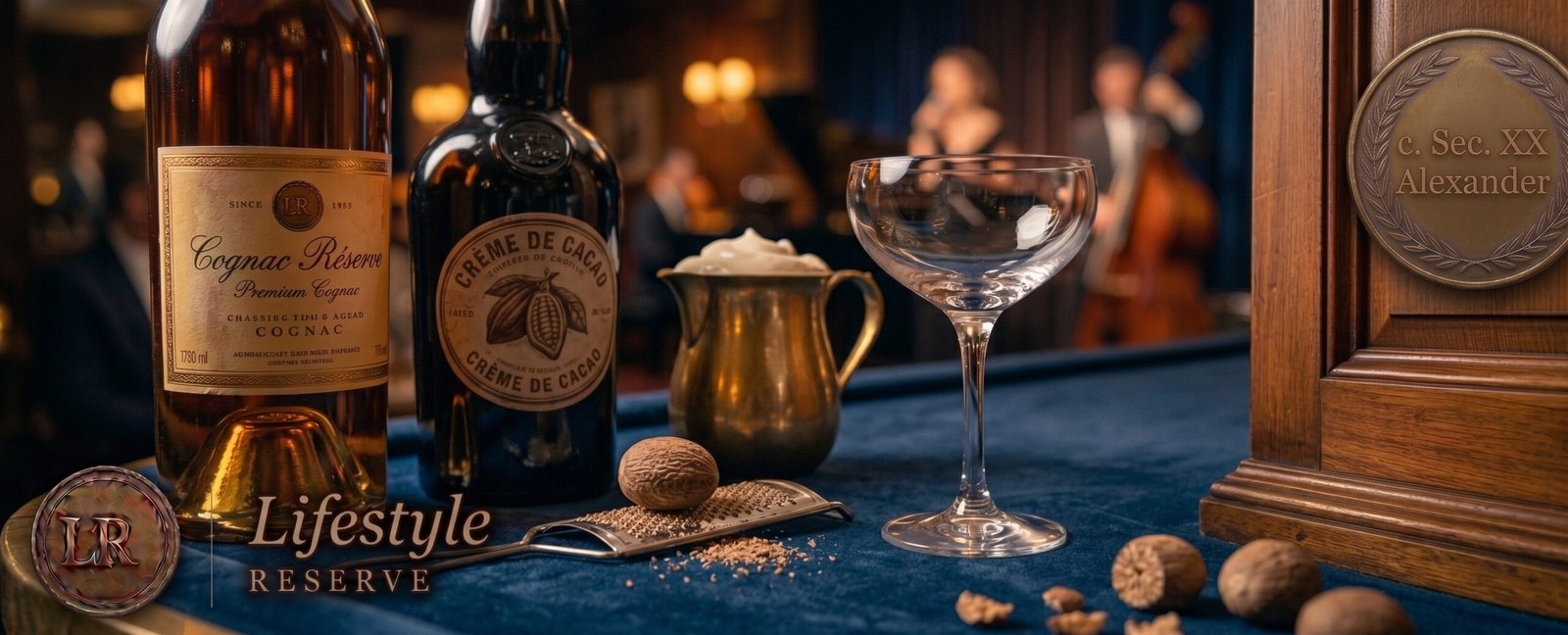Ingredientes do Alexander sobre balcão de madeira: conhaque, creme de cacau, creme de leite e noz-moscada.