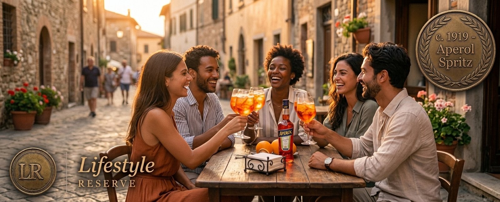 Amigos brindando com Aperol Spritz em uma mesa de café italiano ao entardecer, laranjas e luz dourada.