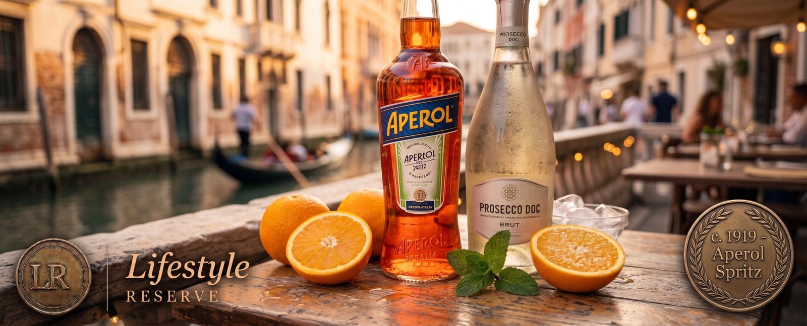 Ingredientes do Aperol Spritz sobre mesa de café: garrafa de Aperol, espumante, água com gás, laranja e gelo.
