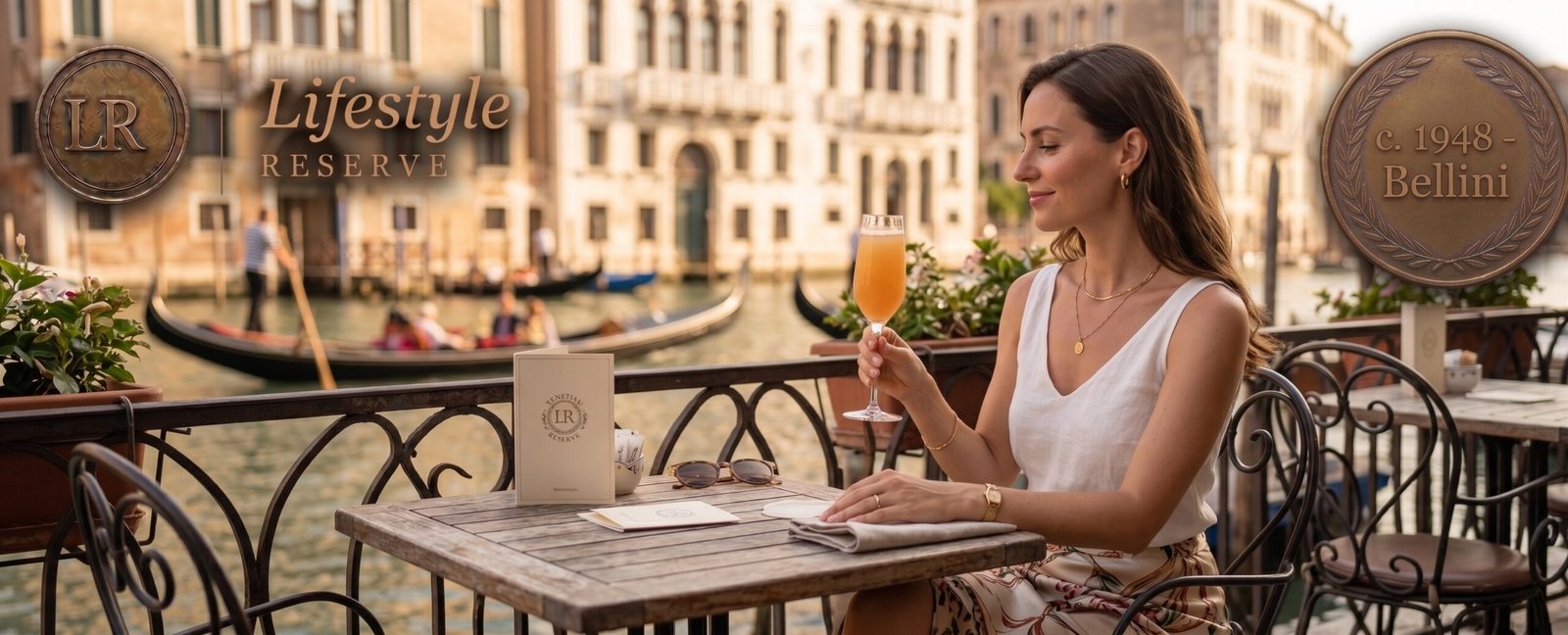 Taça de Bellini em terraço veneziano com canal desfocado ao fundo, luz de manhã e clima sofisticado.