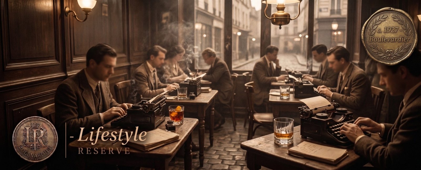 Interior de café parisiense dos anos 1920 com escritores expatriados e máquinas de escrever desfocados ao fundo.