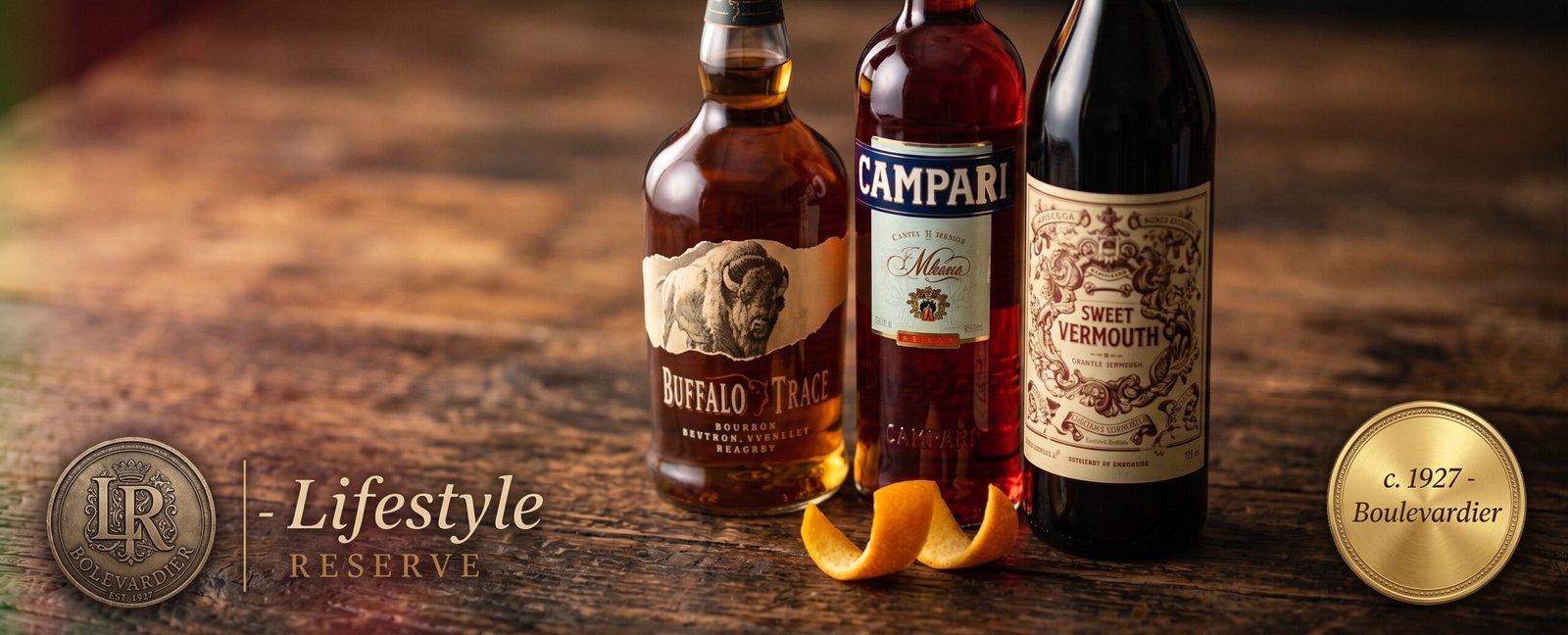 Ingredientes do Boulevardier sobre mesa rústica de madeira: garrafas de bourbon, Campari e vermute tinto, com espiral de casca de laranja.