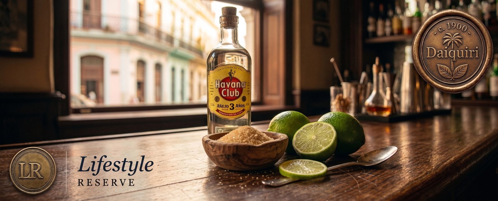 Ingredientes do Daiquiri sobre balcão claro: rum branco, limões, açúcar e coqueteleira ao lado de uma taça.