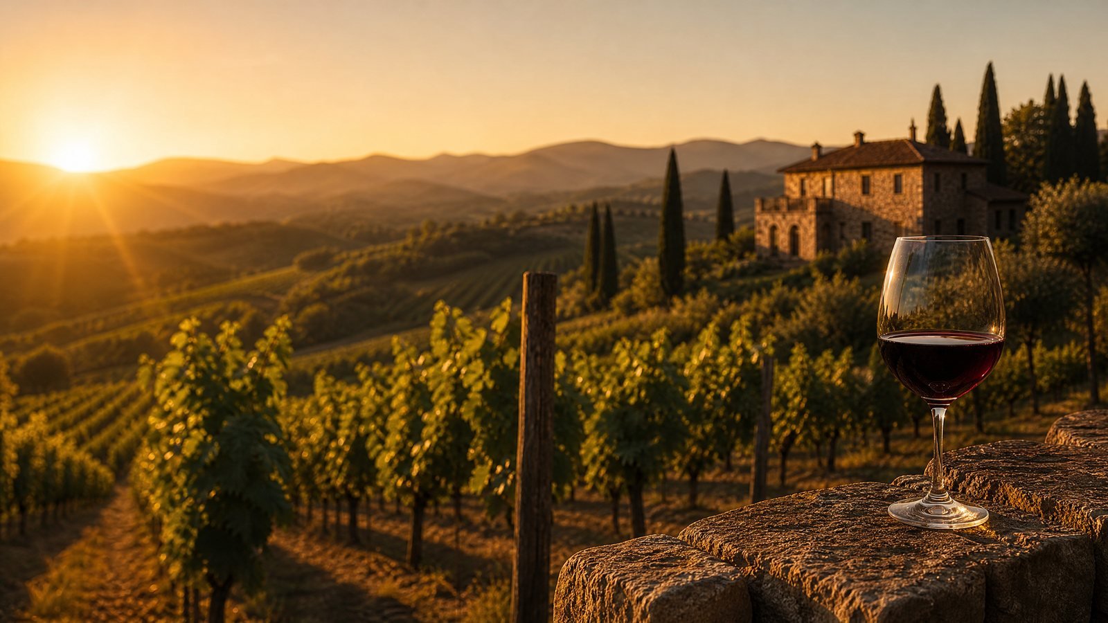 Vinhedo banhado de sol em La Rioja com vinícola de pedra antiga ao fundo, luz espanhola intensa representando os vinhos da Espanha