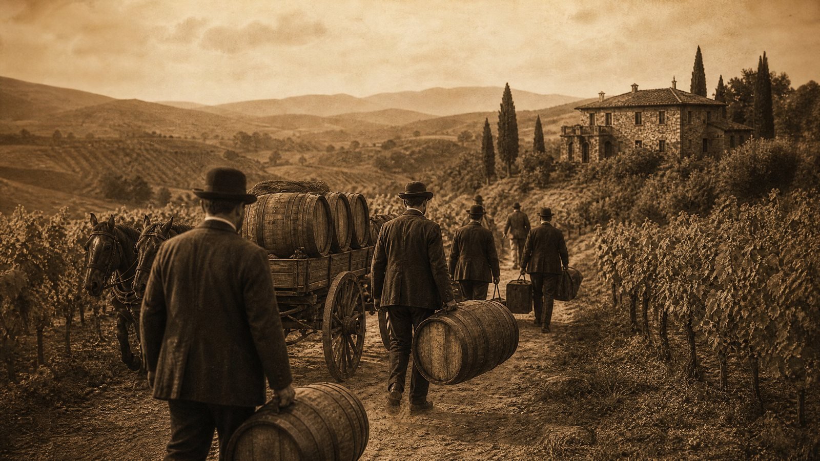 Ilustração histórica de produtores franceses chegando a La Rioja, Espanha, no final do século XIX com barris de vinho