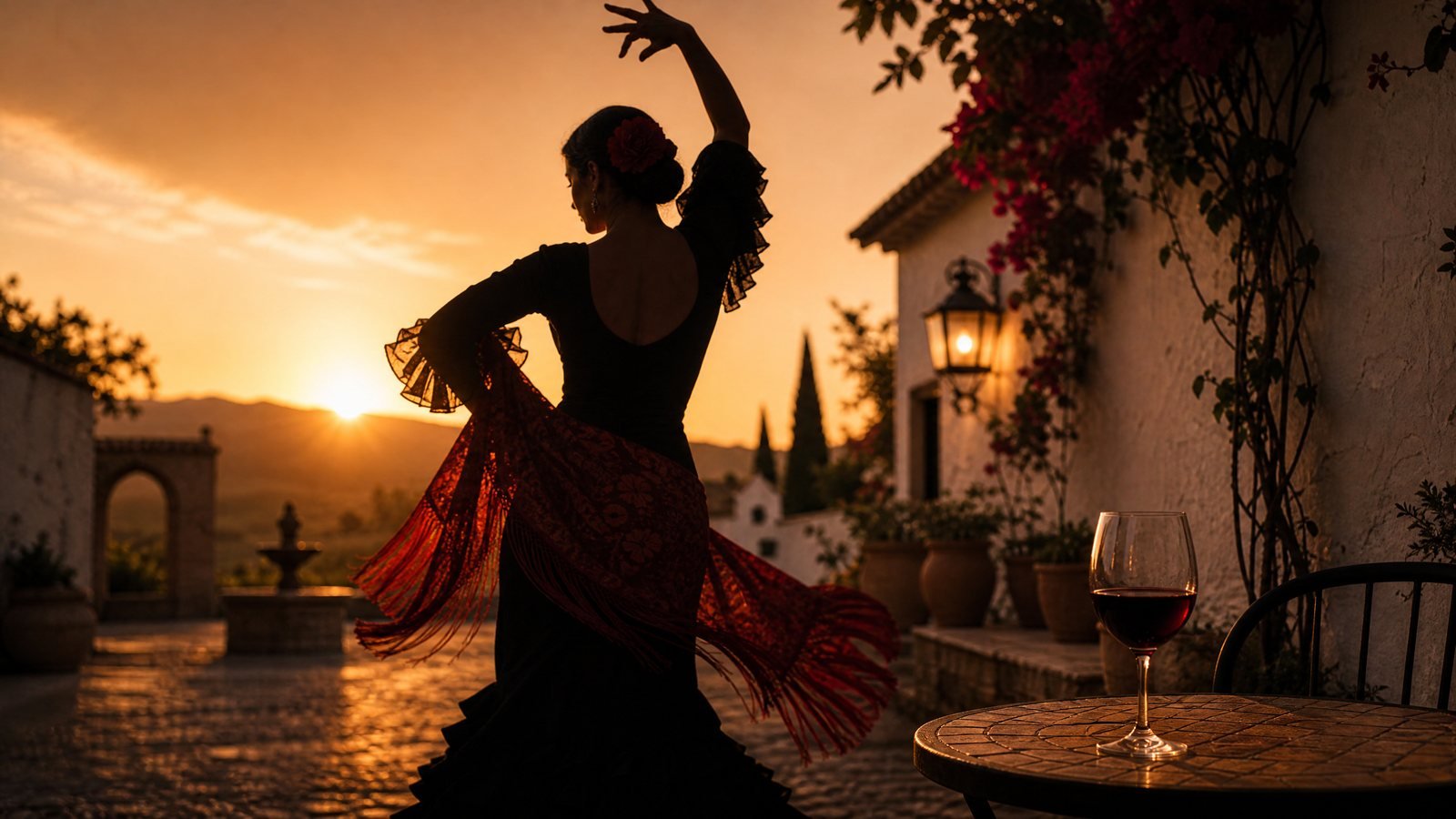 Silhueta de dançarina de flamenco em pátio espanhol ao entardecer, taça de vinho tinto sobre mesa próxima