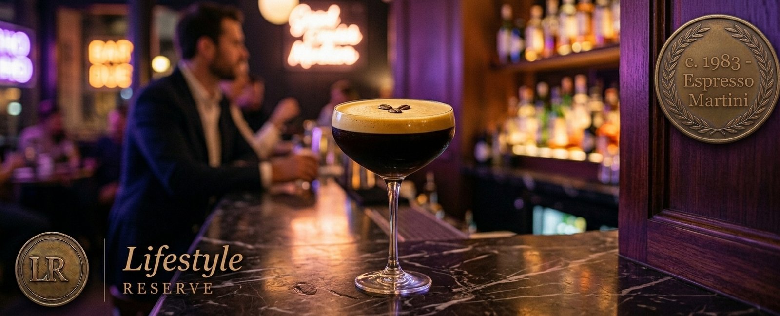 Taça de Espresso Martini com espuma cremosa e três grãos de café sobre balcão escuro, iluminação âmbar e atmosfera sofisticada.