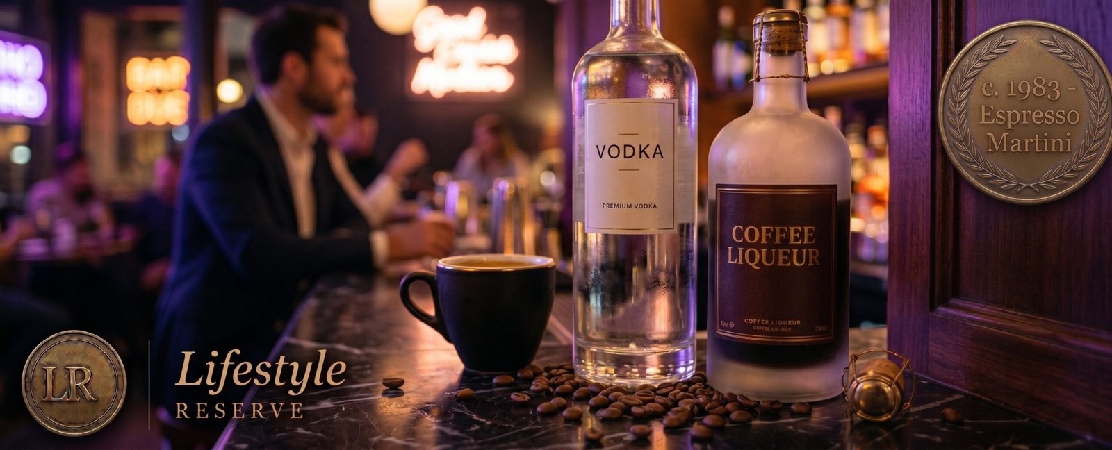 Ingredientes do Espresso Martini sobre balcão: vodka, licor de café, espresso recém-preparado, grãos de café e coqueteleira.
