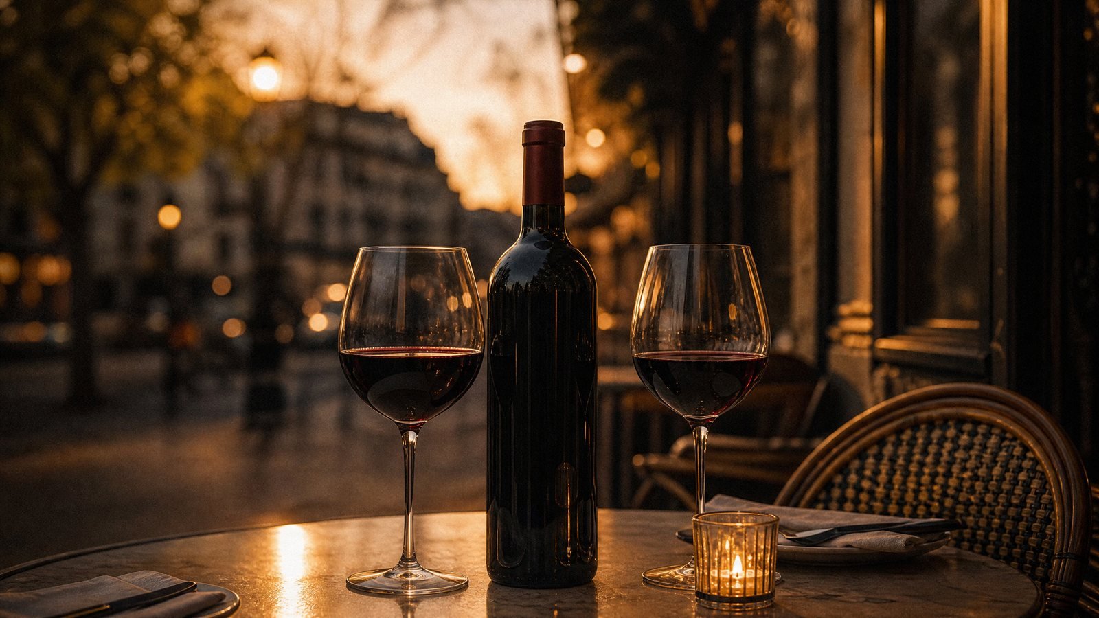 Mesa de bistrô parisiense elegante com garrafa de Bordeaux tinto e duas taças, luz quente do entardecer