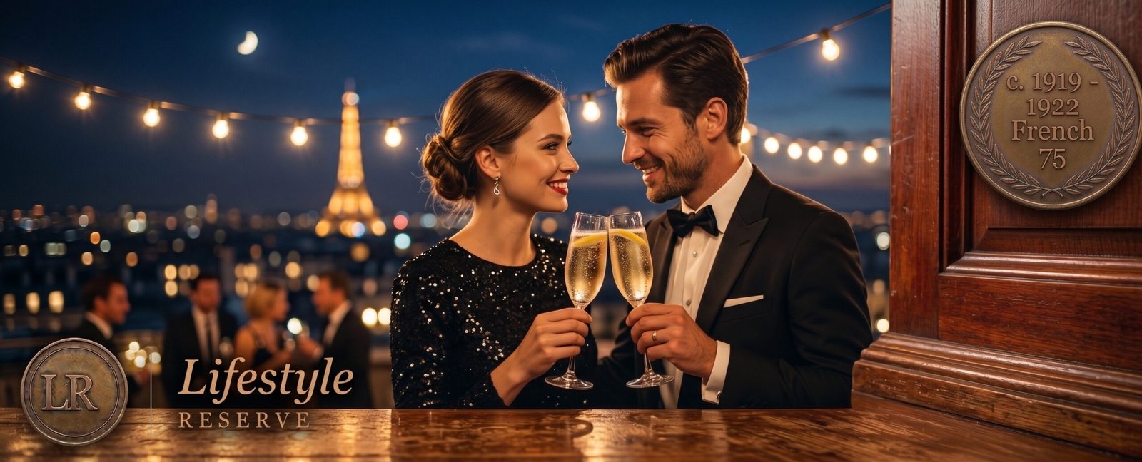 Brinde com taças de French 75 em uma celebração elegante, luz suave e atmosfera festiva.