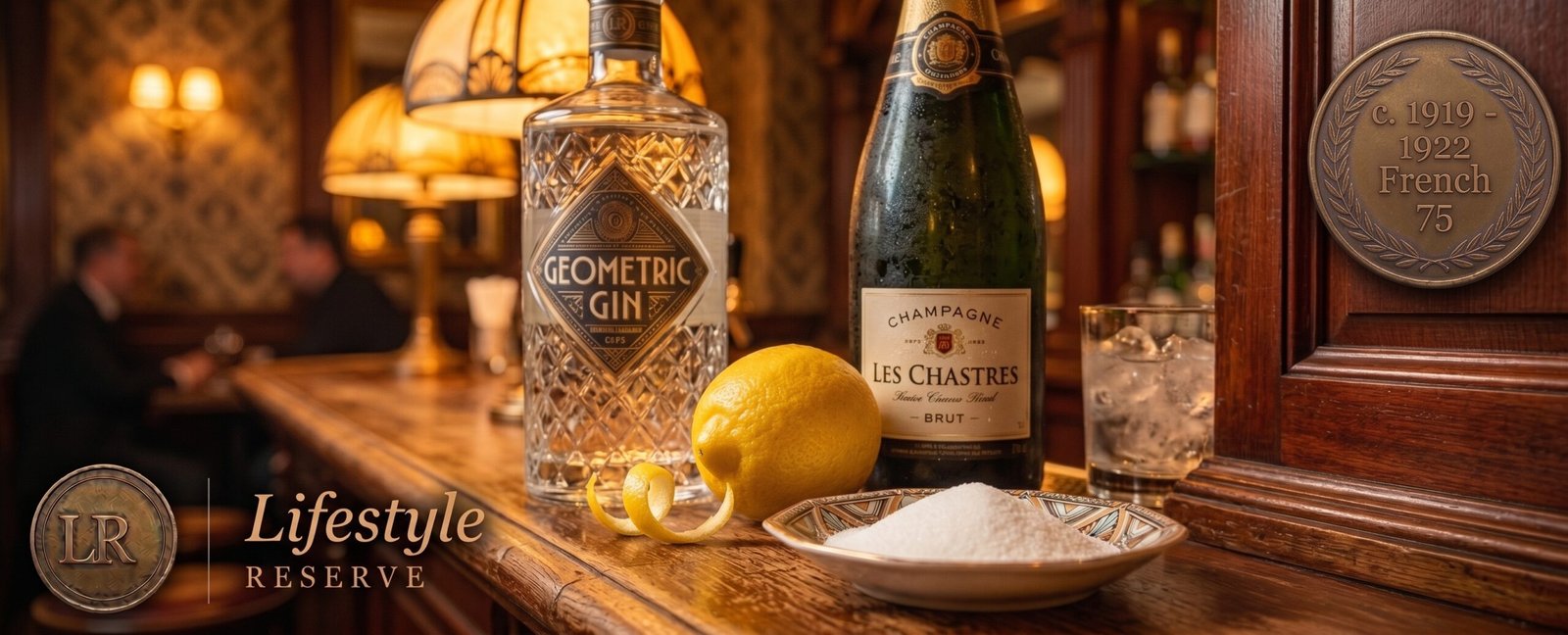 Ingredientes do French 75 sobre balcão elegante: gin, limões, açúcar, espumante e taça de champanhe.