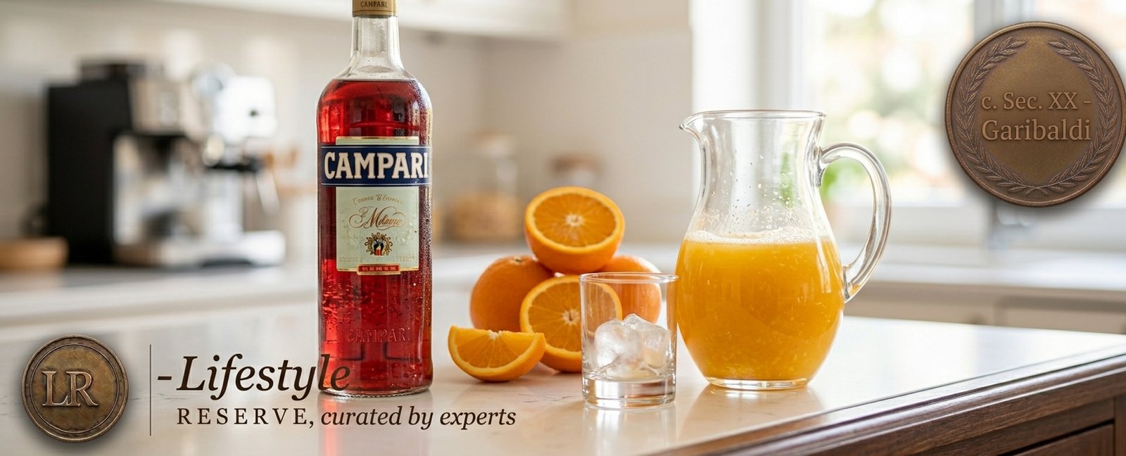 Ingredientes do Garibaldi sobre bancada iluminada: garrafa de Campari e suco de laranja fresco em jarra.