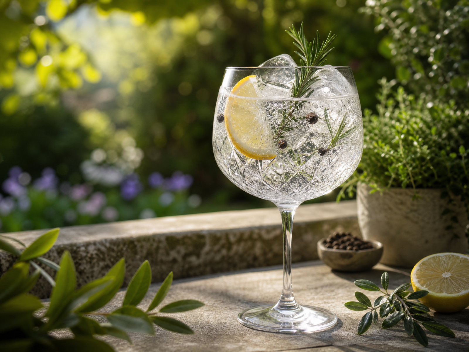 Taça Copa Balão de Cristal servindo Gin Tônica com Botânicos