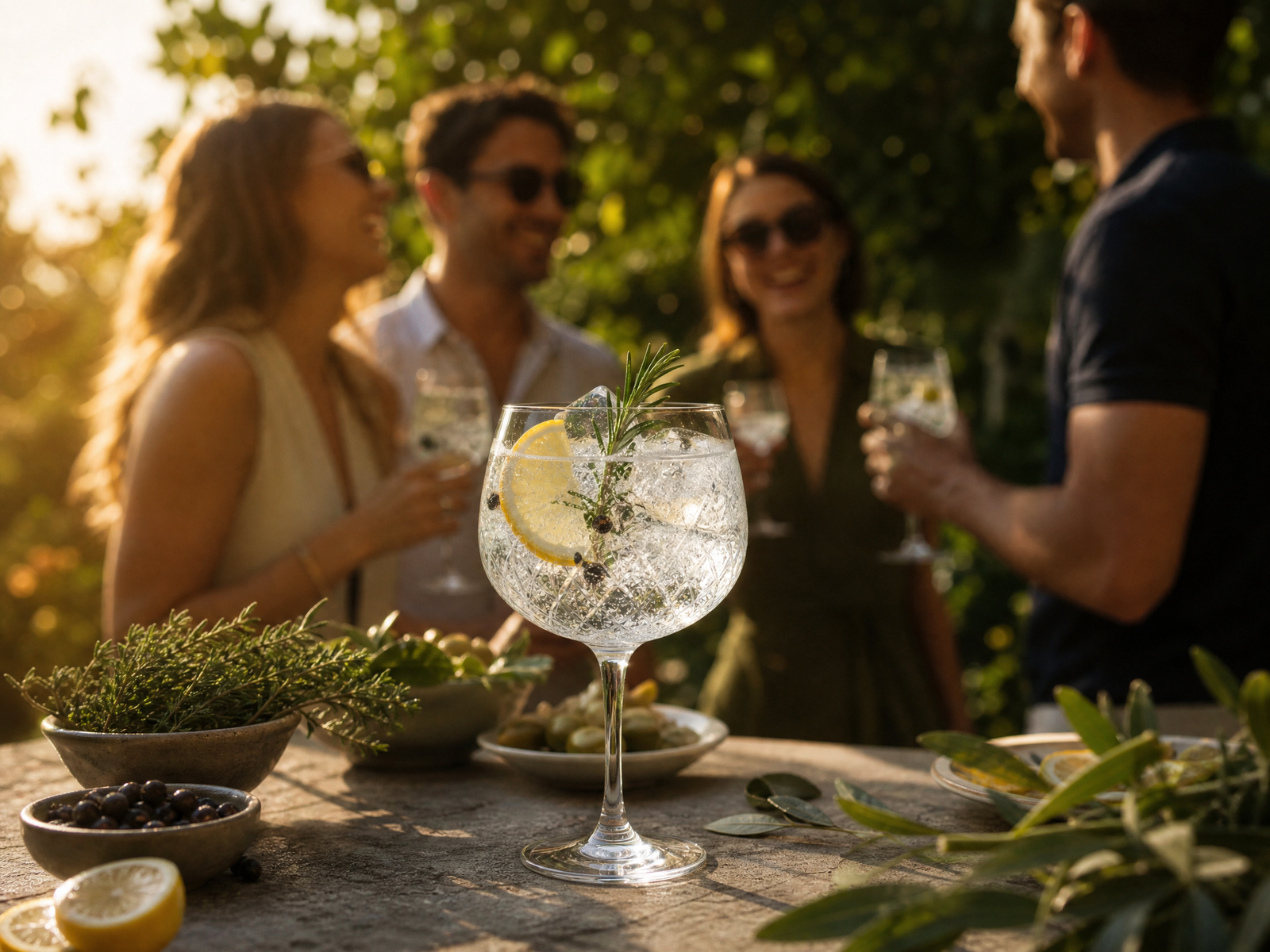 Imagem editorial de ambientação da Gin Tônica: amigos em festa de jardim com a bebida em primeiro plano.