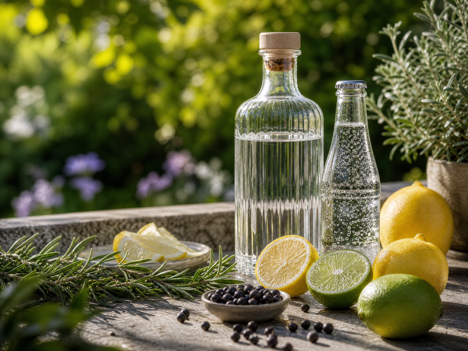 Ingredientes da Gin Tônica em mesa de jardim: gin, água tônica, alecrim, zimbro e cítricos frescos.