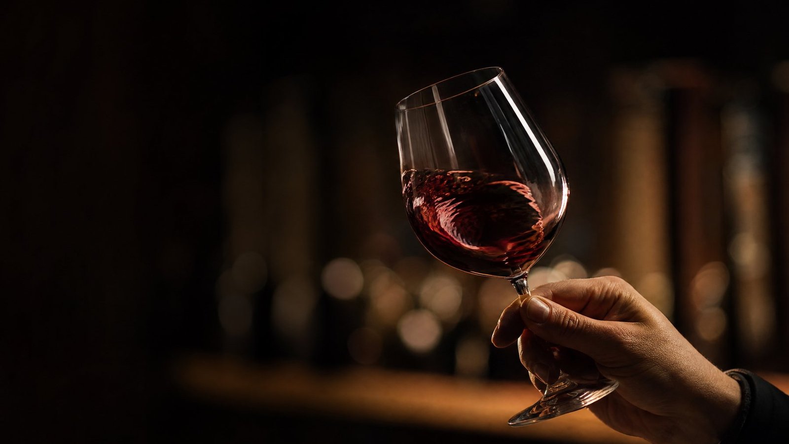 Mão girando uma taça de vinho tinto para liberar o aroma, close-up em iluminação quente e elegante