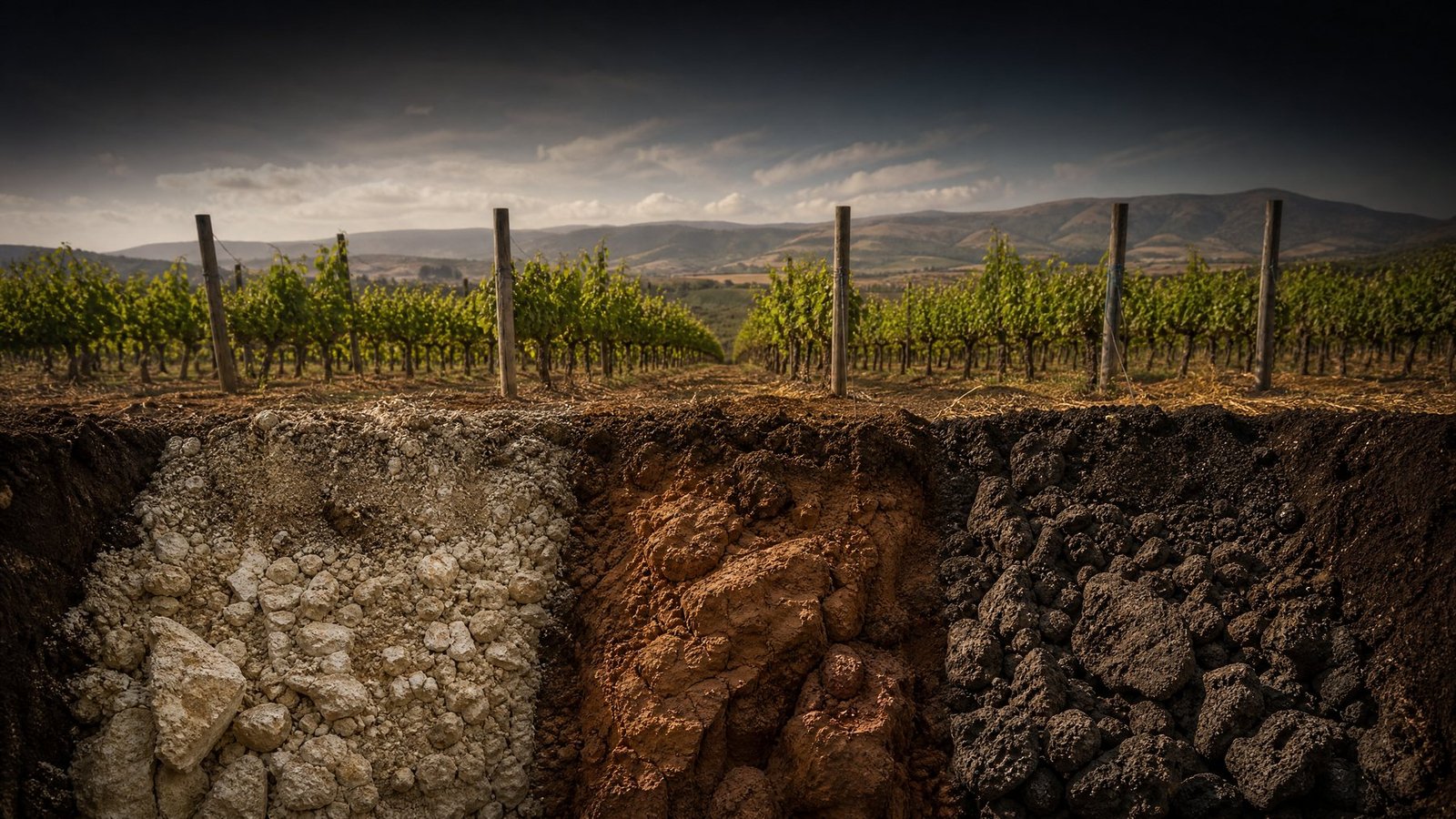 Close-up de diferentes tipos de solo (calcário, argila, rocha vulcânica) lado a lado em vinhedo, mostrando o conceito de terroir