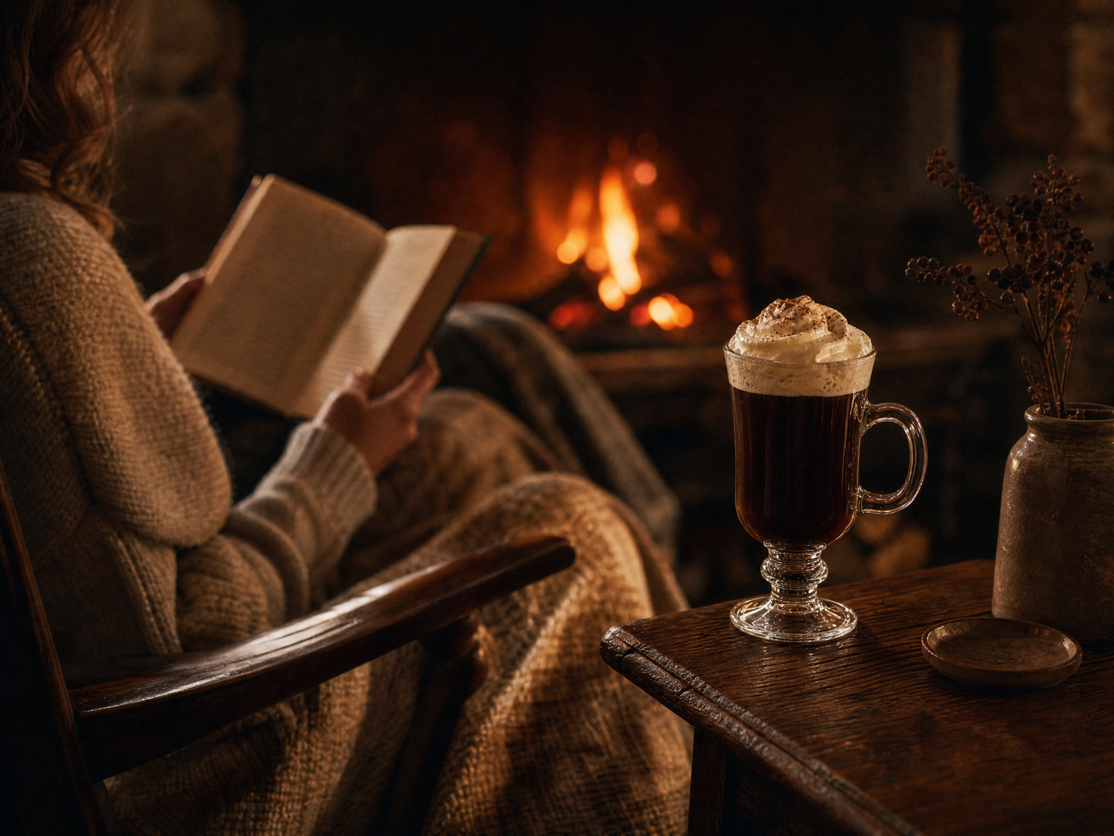 Imagem editorial de ambientação do Irish Coffee: leitura junto à lareira com a bebida em mesa de apoio.