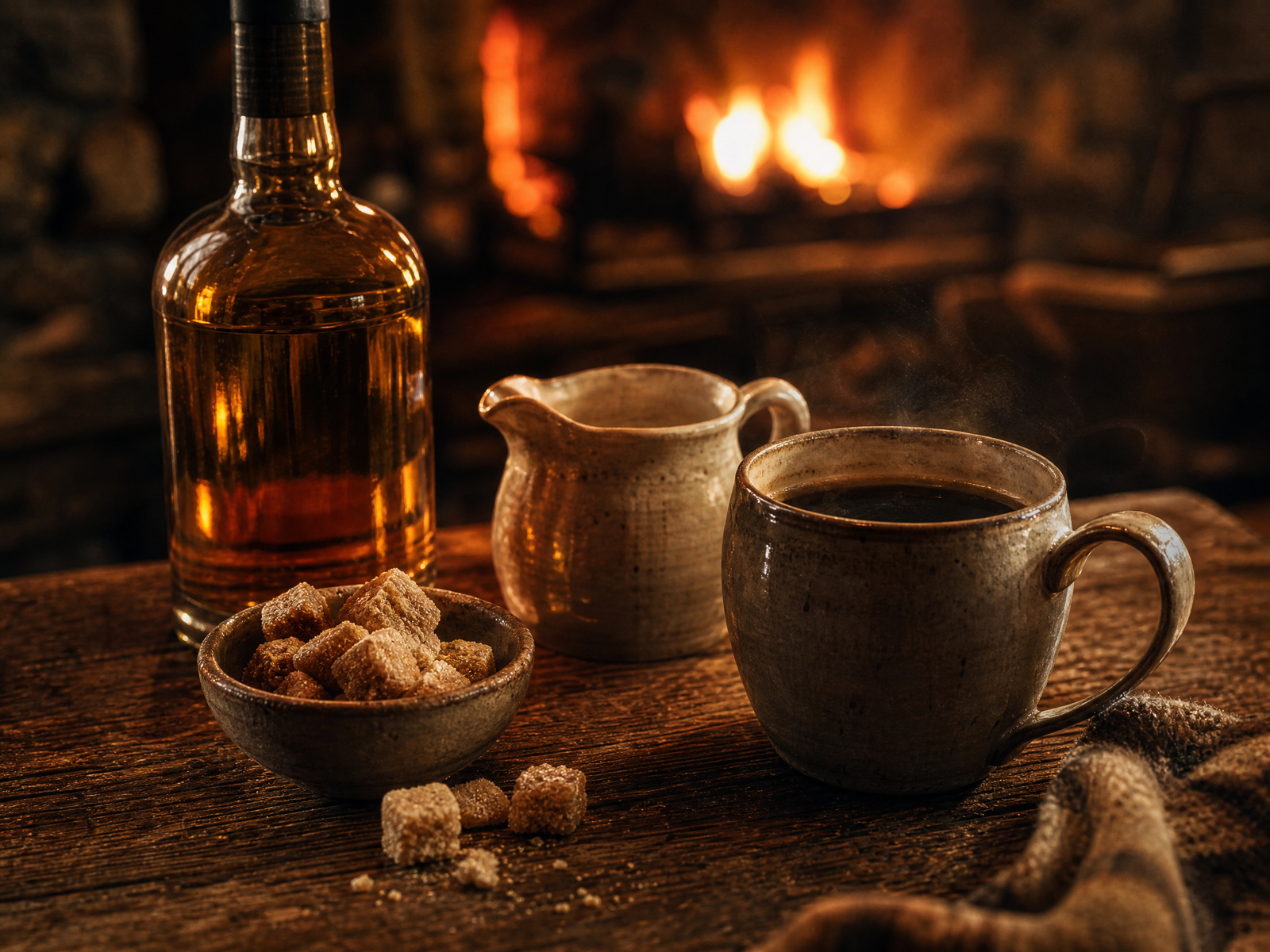 Ingredientes do Irish Coffee em mesa de pub: whiskey irlandês, açúcar mascavo, café quente e creme fresco.