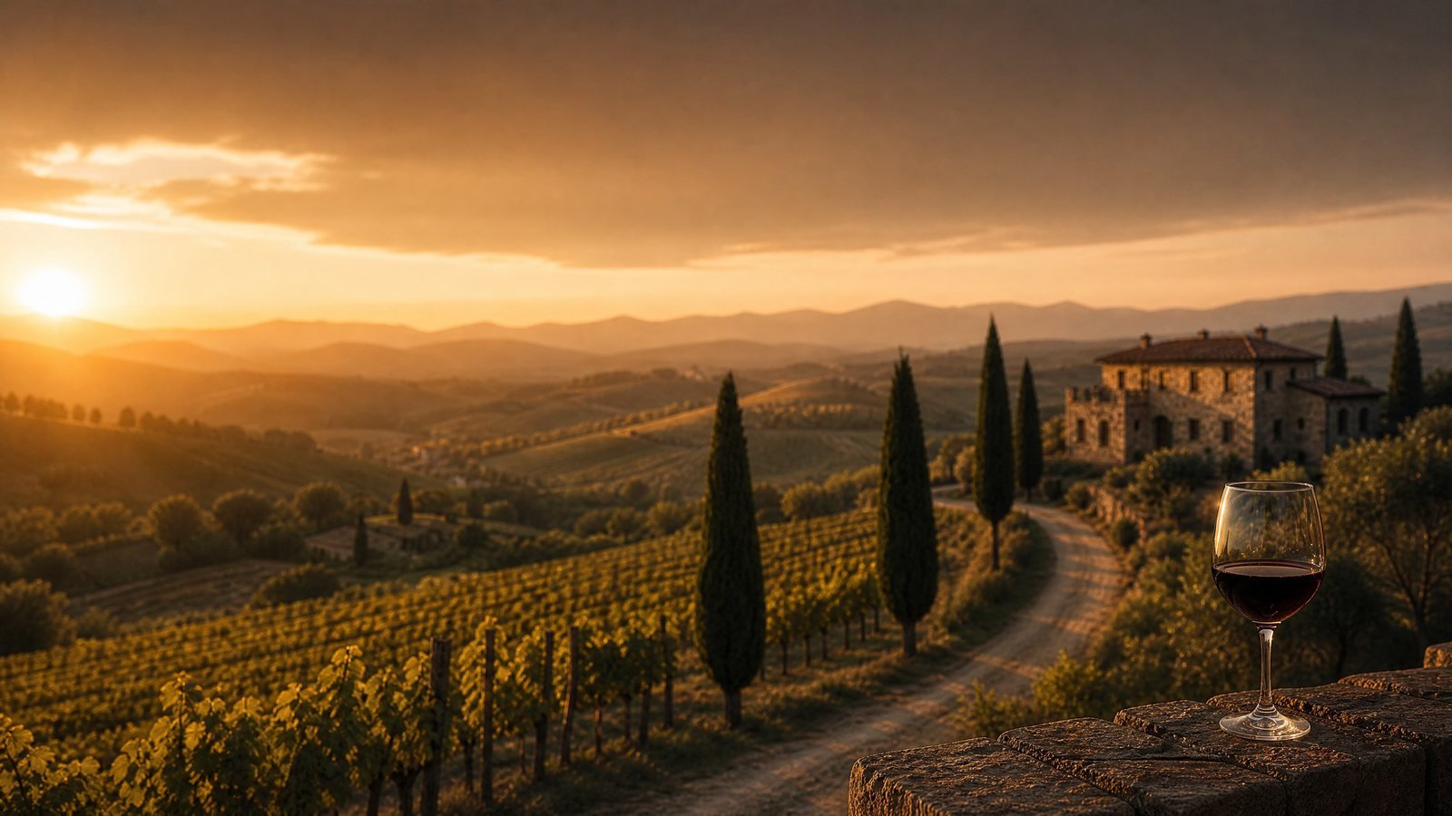 Colinas de vinhedos na Toscana com estrada ladeada por ciprestes, luz dourada do entardecer representando os vinhos da Itália