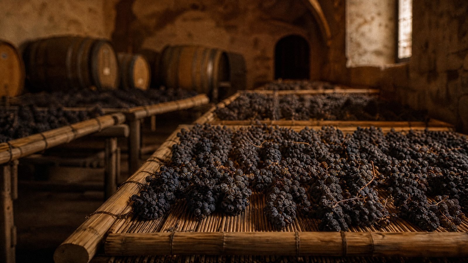 Cachos de uva secando sobre esteiras de bambu em adega rústica italiana, método tradicional do Amarone