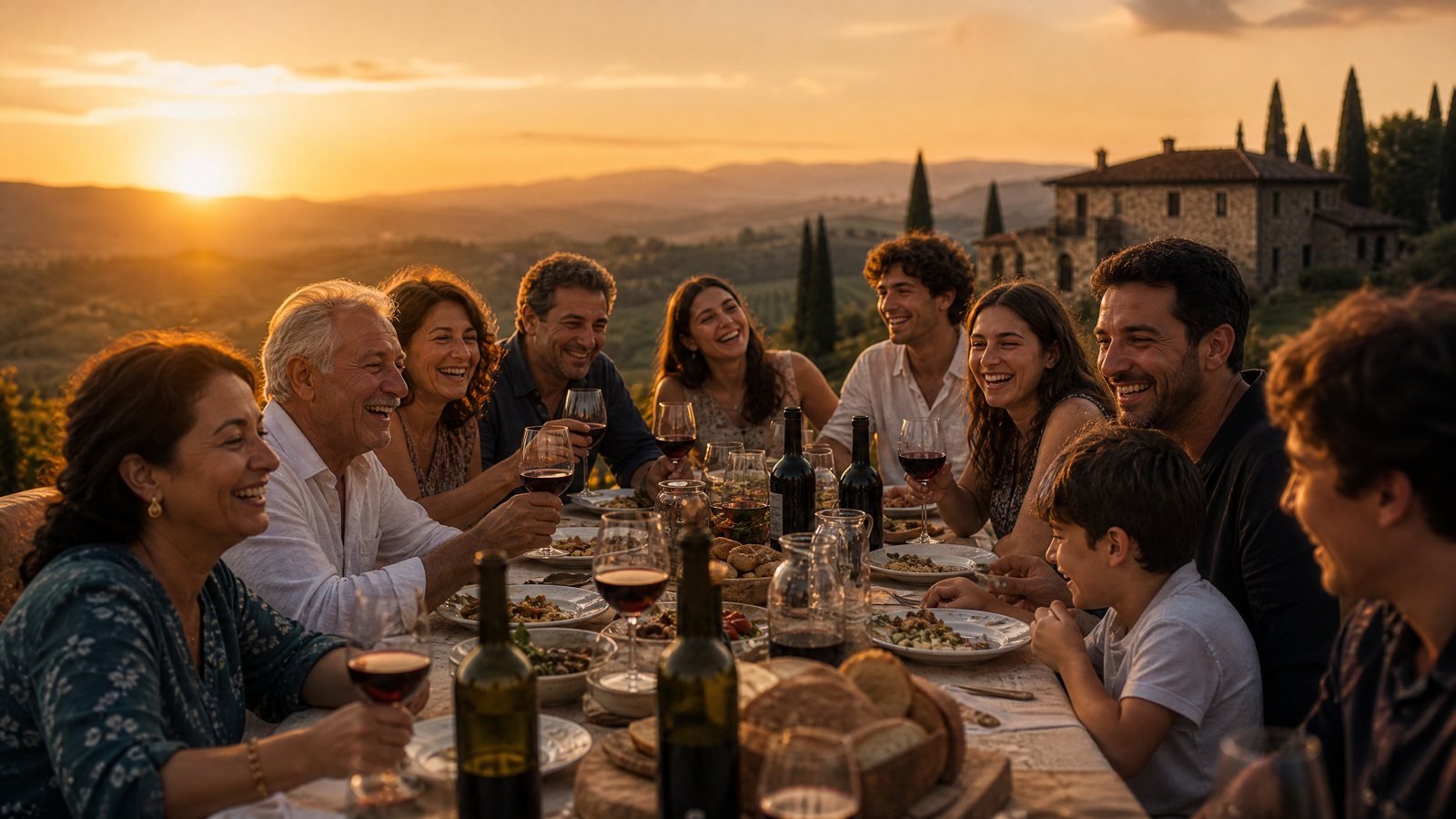 Família italiana reunida em torno de mesa de jantar longa ao ar livre nos vinhos da Itália