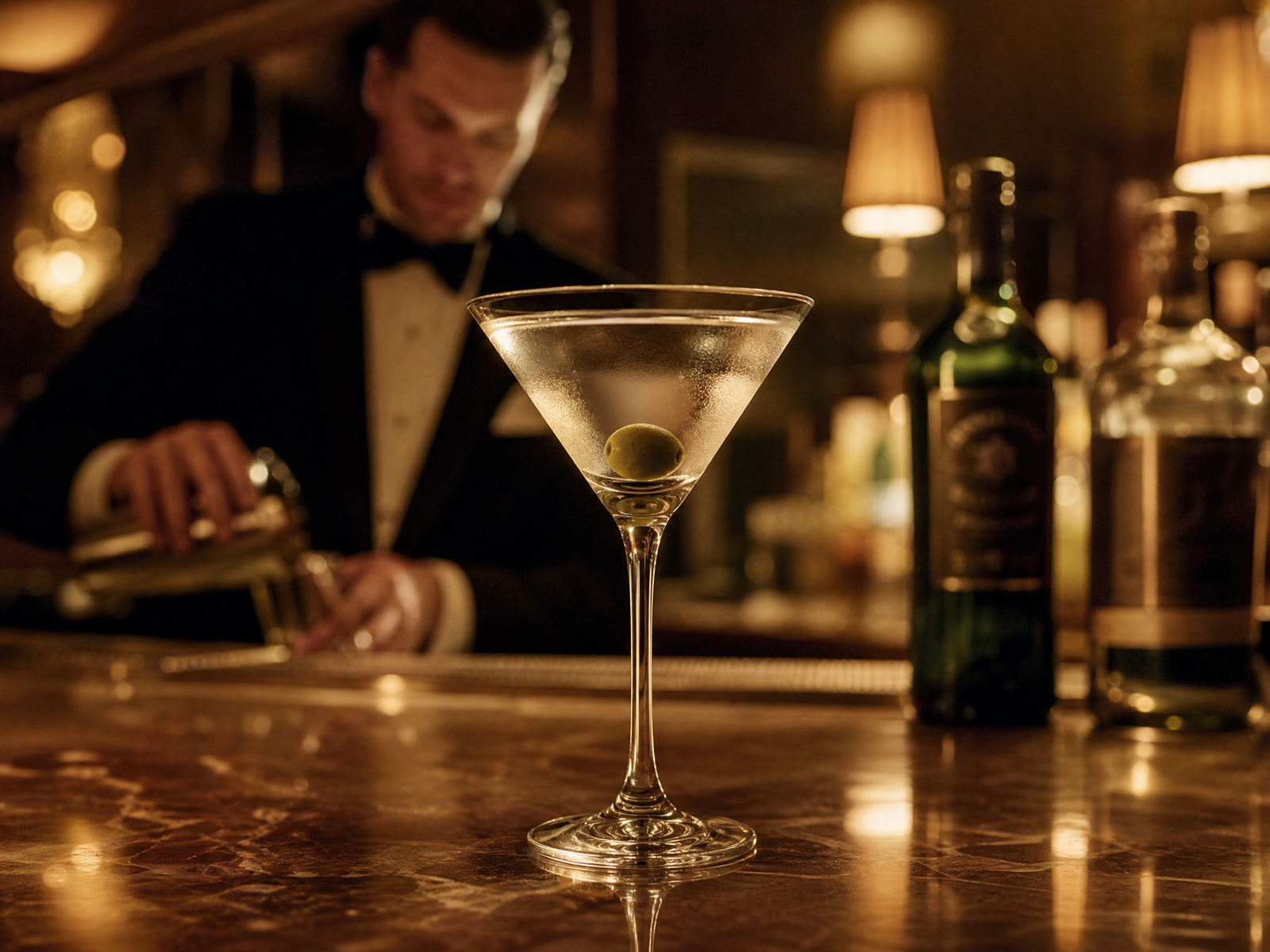 Taça de Martini com azeitona em balcão de madeira escura com atmosfera clássica no Lifestyle Reserve