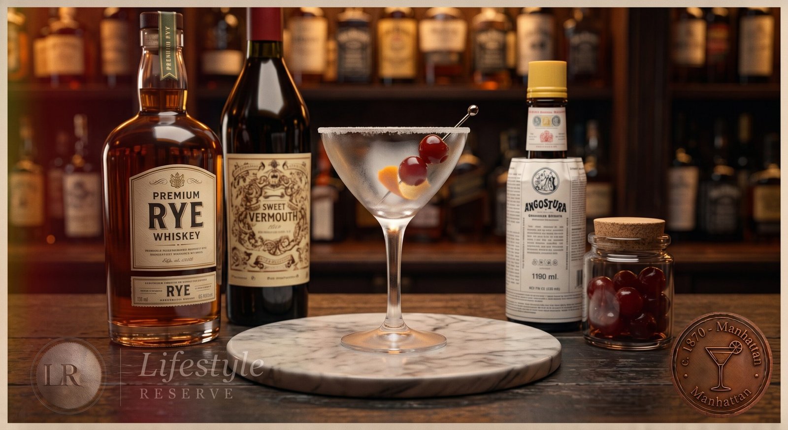 Ingredientes do Manhattan sobre balcão de madeira escura: garrafa de rye whiskey, vermute tinto, bitter Angostura e cerejas amarena em pote.