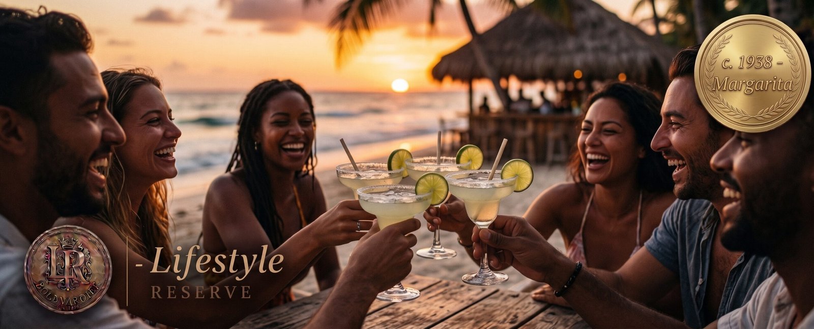 Margarita com borda de sal em mesa de terraço ao pôr do sol, mãos de amigos ao fundo e atmosfera de férias.