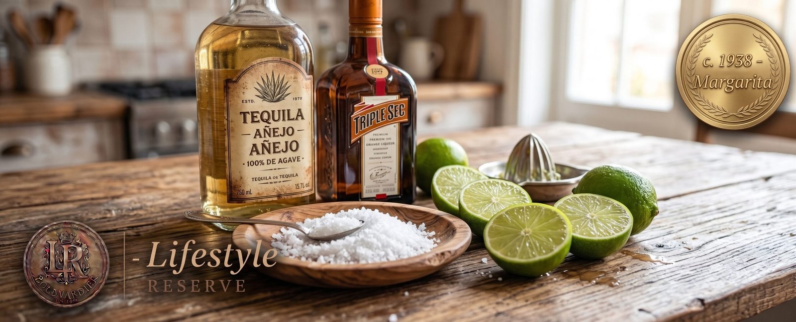 Ingredientes da Margarita sobre mesa mexicana: garrafa de tequila, limões frescos, licor de laranja, sal e coqueteleira.