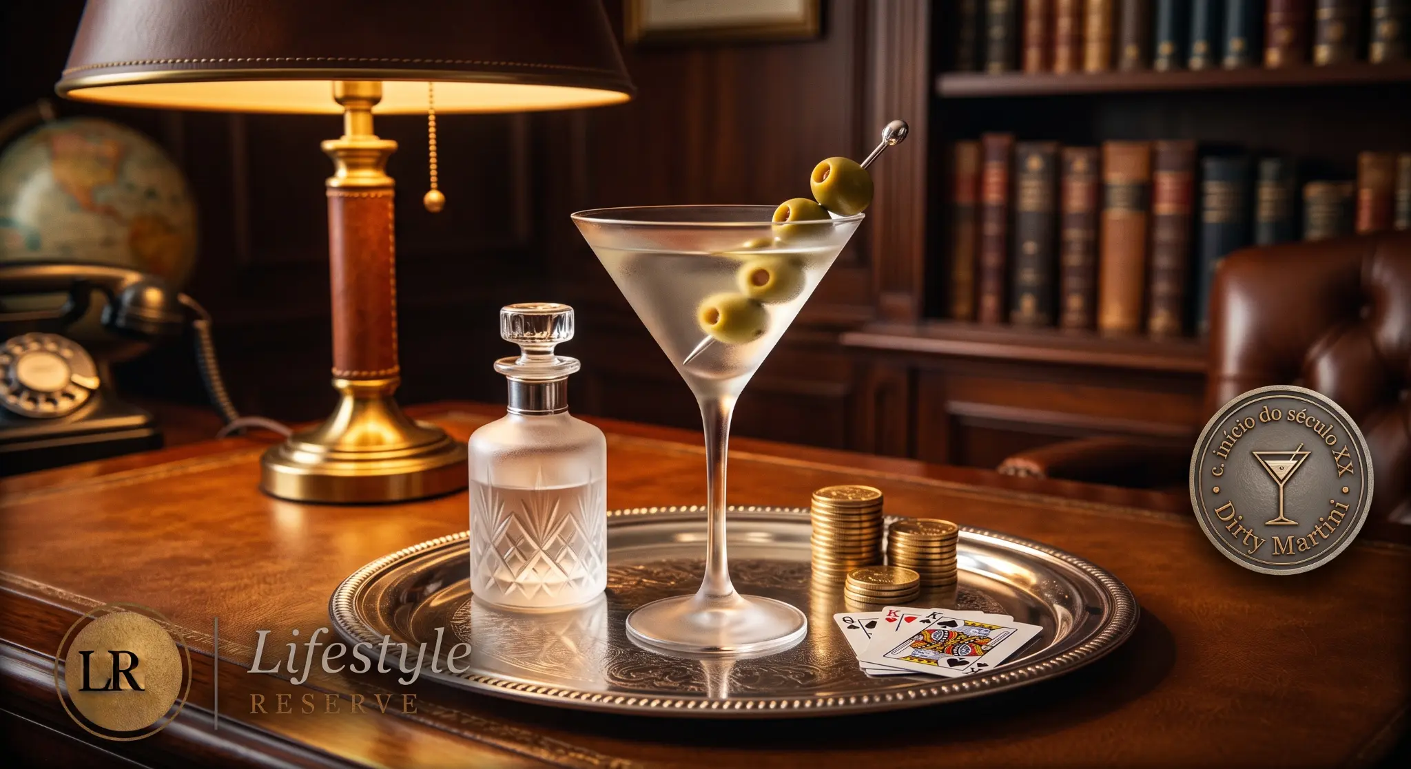 Taça de Dirty Martini turva com azeitonas em espeto