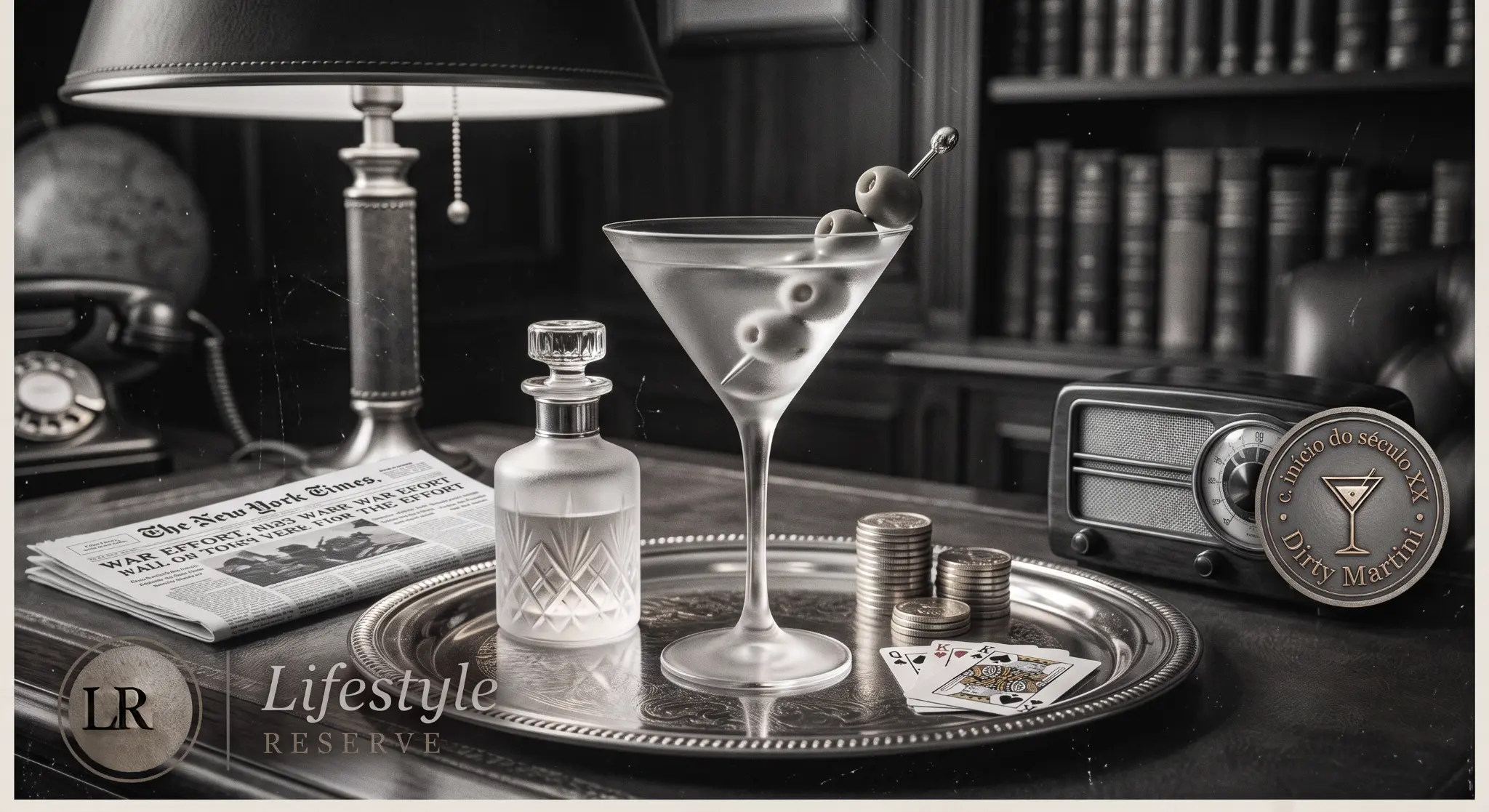 Taça de Dirty Martini sobre mesa de centro em sala de estar formal estilo anos 1940, ambientação da era Roosevelt.