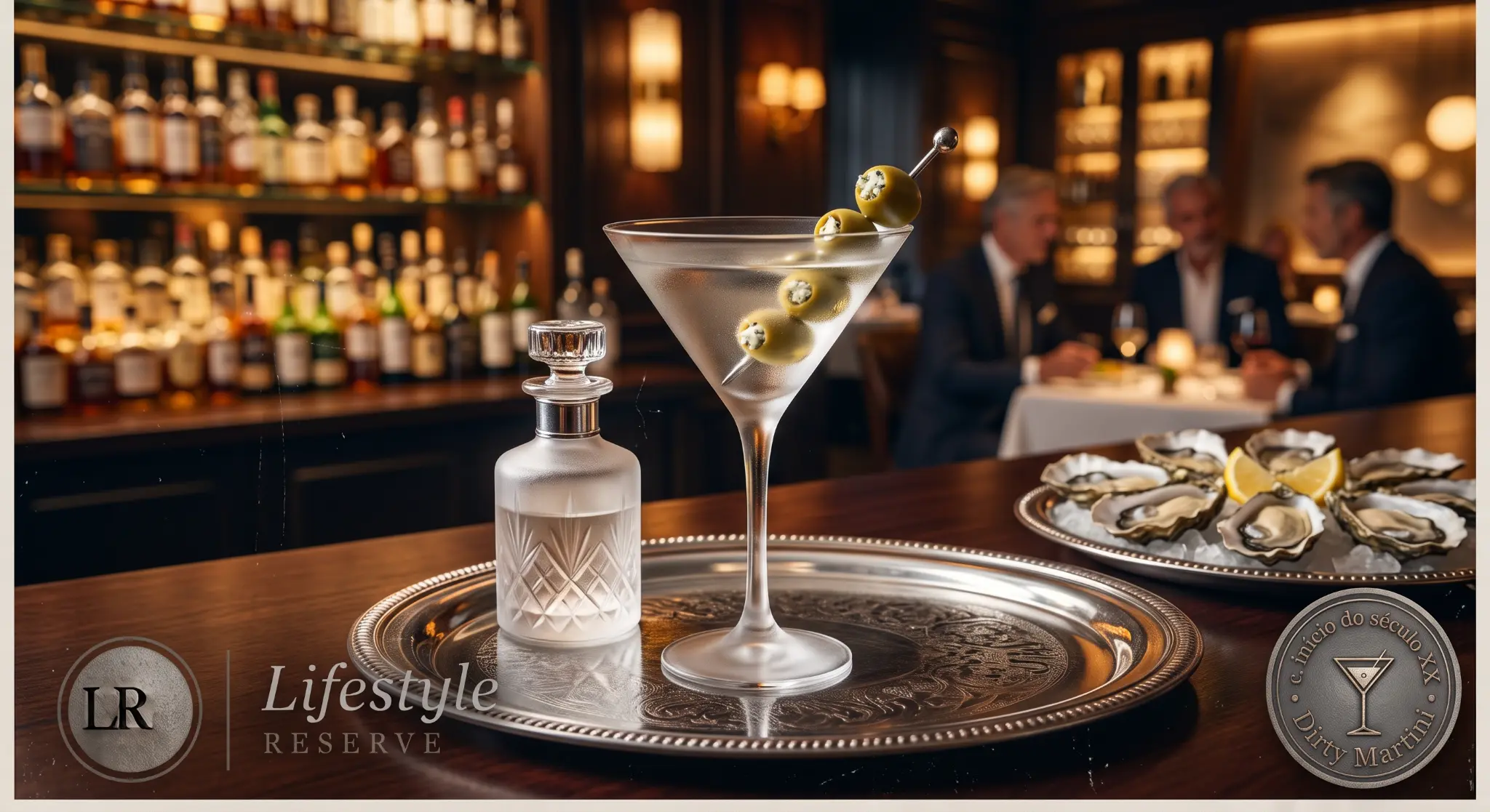 Taça de Dirty Martini com azeitonas recheadas ao lado de ostras frescas sobre balcão de bar sofisticado.