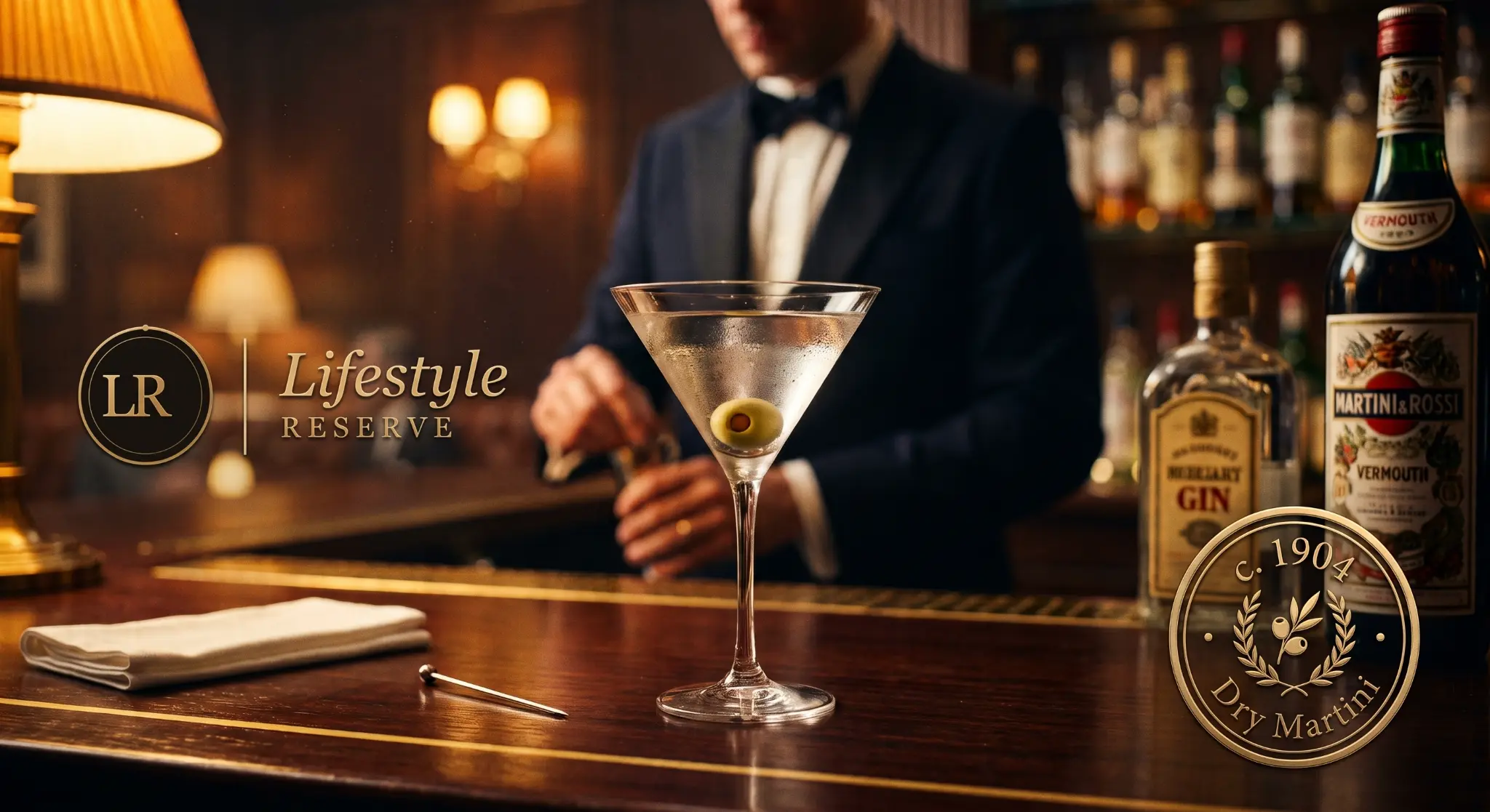 Taça de Dry Martini com azeitona sobre balcão de bar clássico