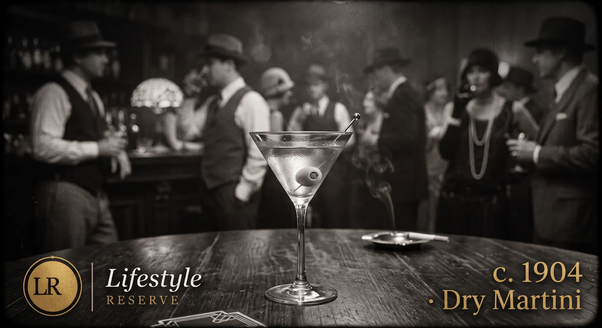 Taça de Martini sobre mesa de madeira em ambiente de speakeasy clandestino da era da Lei Seca americana, em preto e branco.
