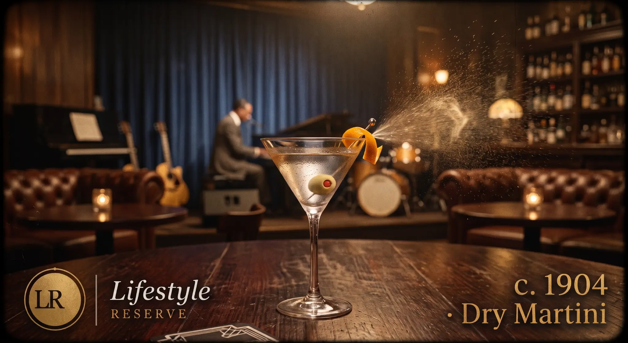 Taça de Dry Martini sobre mesa de clube de jazz com pianista desfocado ao fundo, ambientação noturna e intimista.