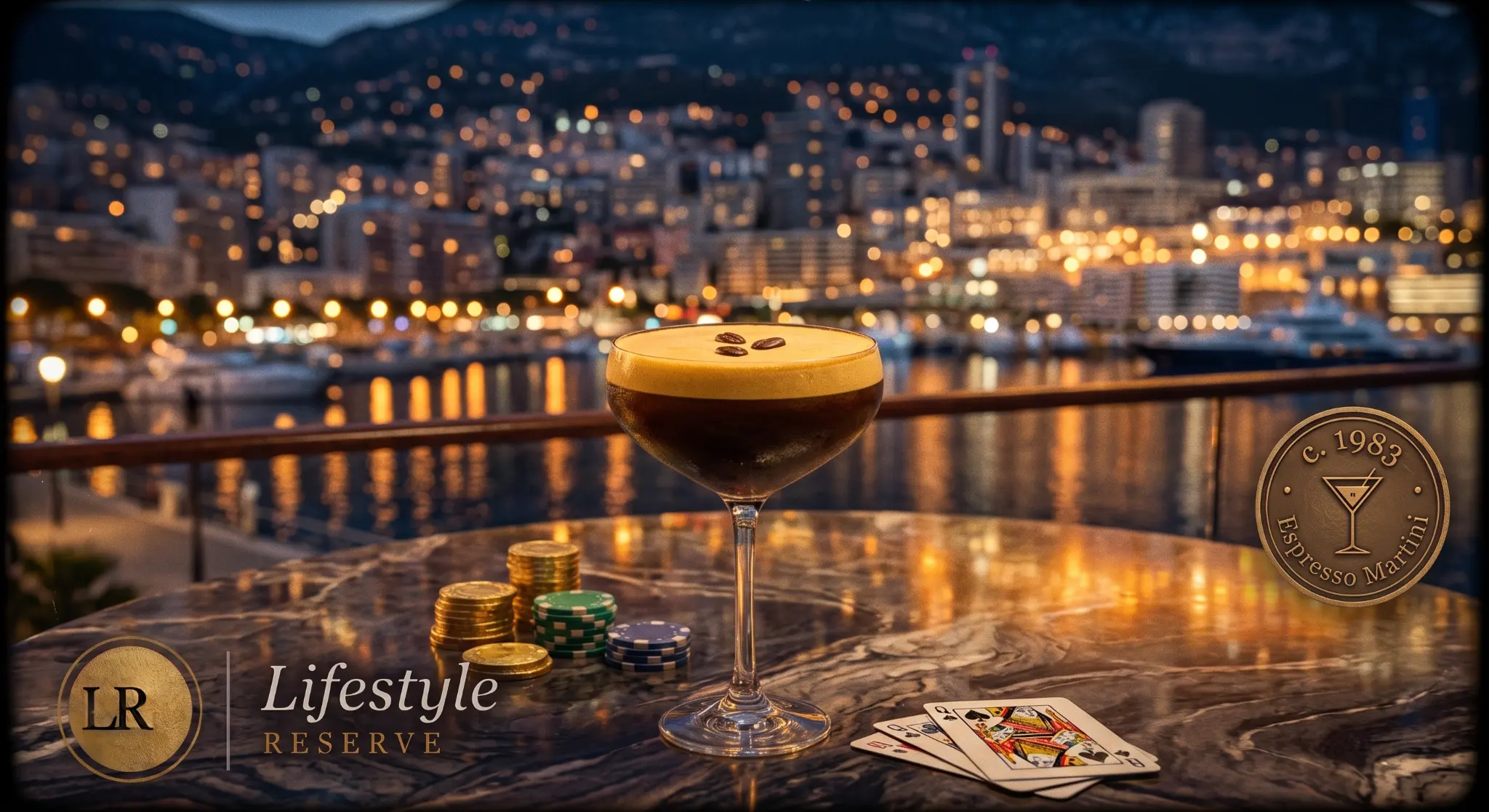 Taça de Espresso Martini com espuma dourada e grãos de café