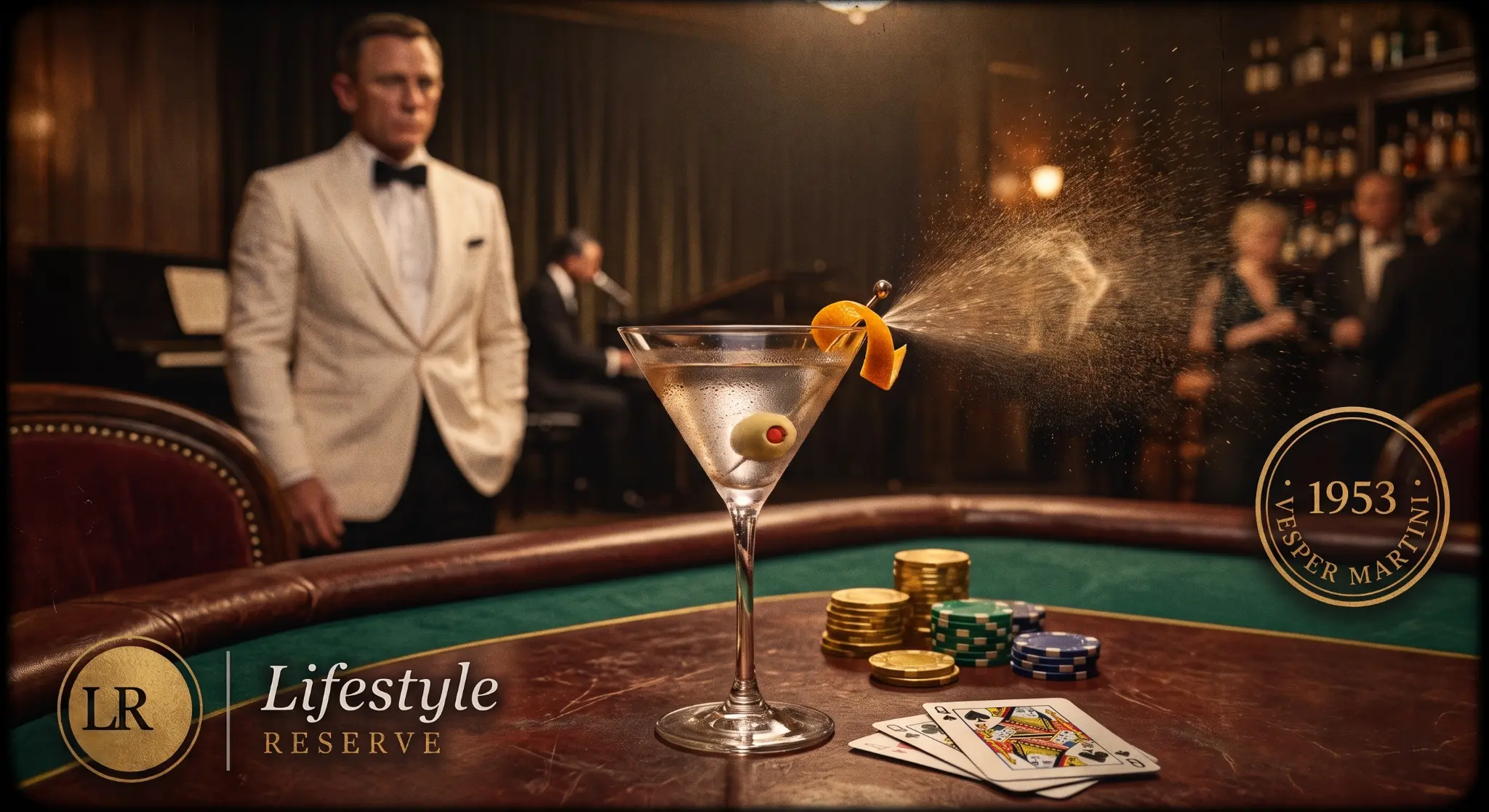 Taça de Vesper Martini com casca de limão sobre mesa de cassino