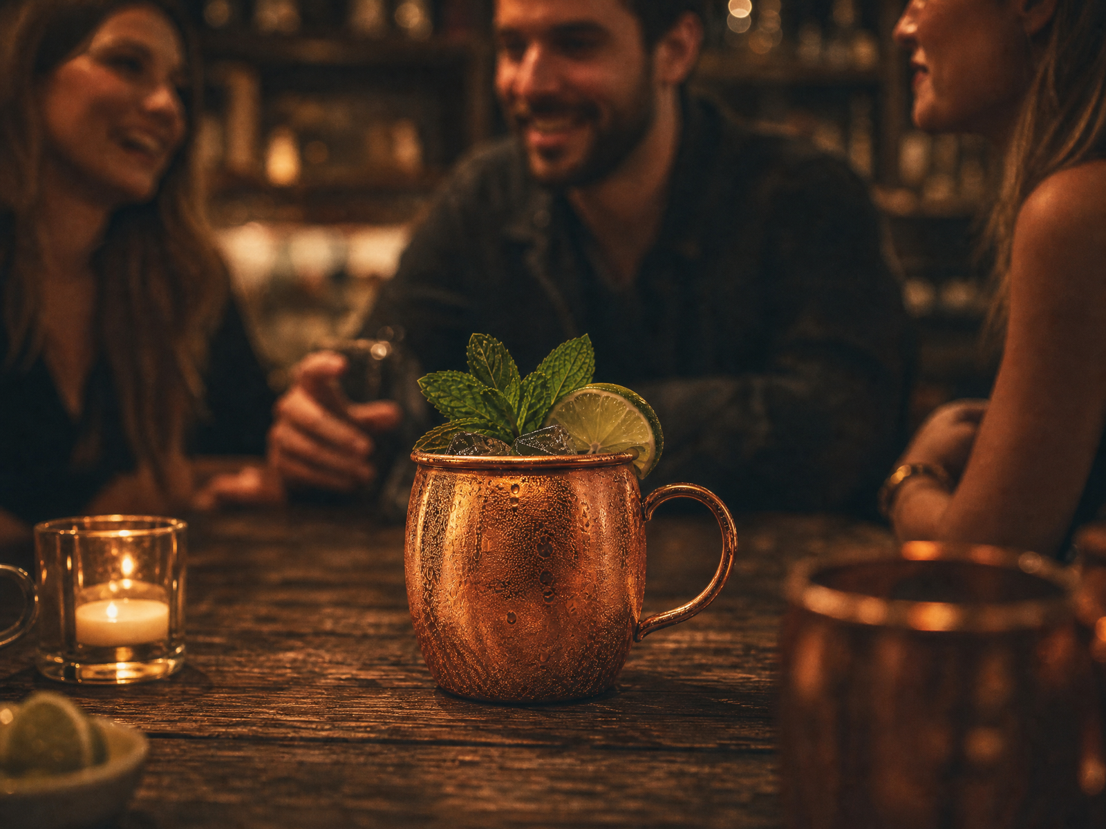 Imagem editorial de ambientação do Moscow Mule: amigos reunidos em bar com a caneca em primeiro plano.
