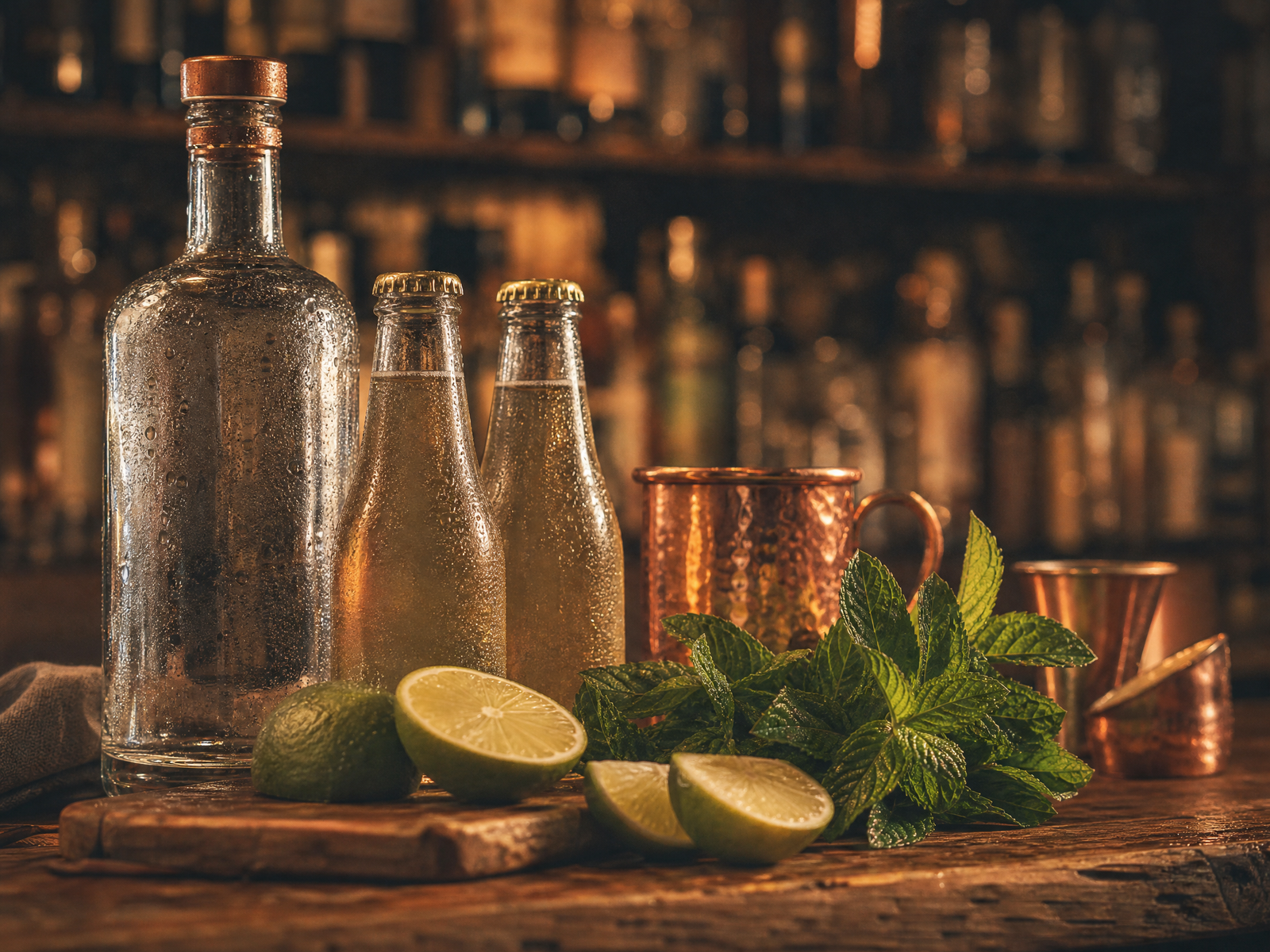 Ingredientes do Moscow Mule sobre balcão: vodka, ginger beer, limões e hortelã ao lado de caneca de cobre.
