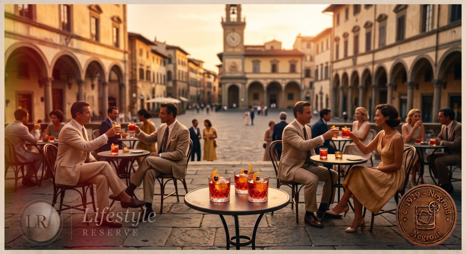 Praça italiana ao entardecer com mesas de café e pessoas desfrutando da hora do aperitivo, clima cinematográfico.