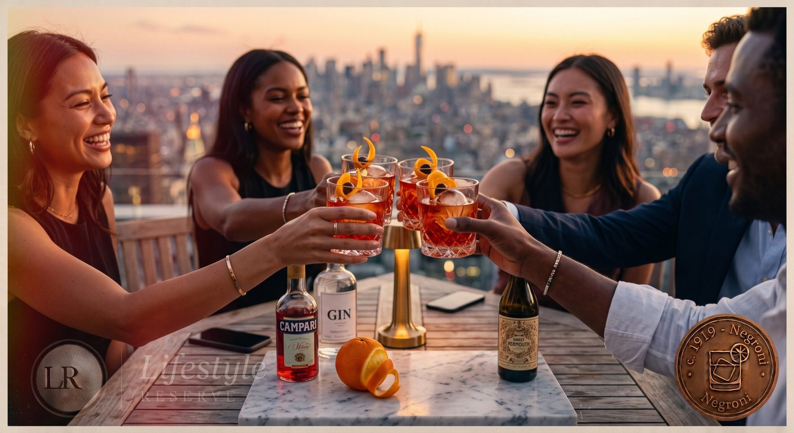 Amigos brindando com copos de Negroni em terraço ao entardecer, skyline da cidade desfocado ao fundo.
